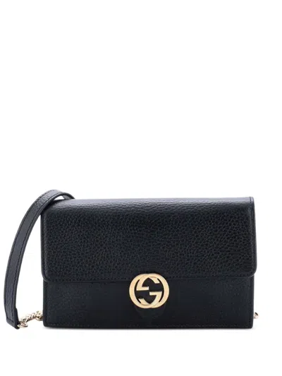 Pre-owned Gucci Interlocking Wallet On Chain Leather Crossbody Bag In Black