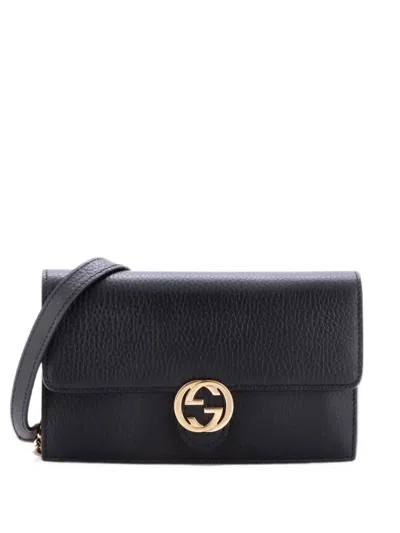 Pre-owned Gucci Interlocking Wallet On Chain Leather Crossbody Bag In Black