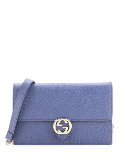 Pre-owned Gucci Interlocking Wallet On Chain Leather Crossbody Bag In Blue