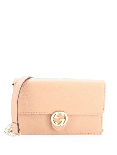 Pre-owned Gucci Interlocking Wallet On Chain Leather Crossbody Bag In Neutral