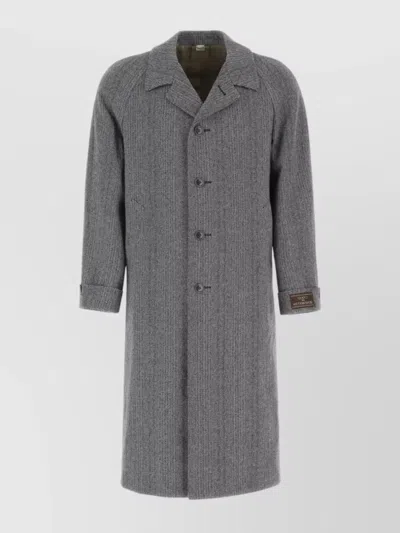 Gucci Long Houndstooth Wool Coat With Peaked Lapels In Gray