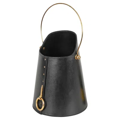 Pre-owned Gucci Italian Black Leather & Brass Decorative Coal Bucket Or Waste Bin, 1950s