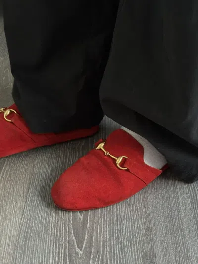 Pre-owned Gucci Italy Pericle Horsebit Red Suede Mule Shoess Slippers