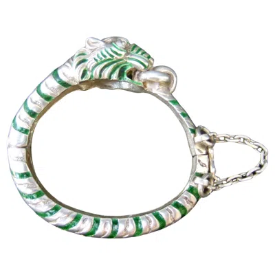 Pre-owned Gucci Italy Rare Sterling Silver Green Enamel Hinged Bangle Bracelet C 1970s