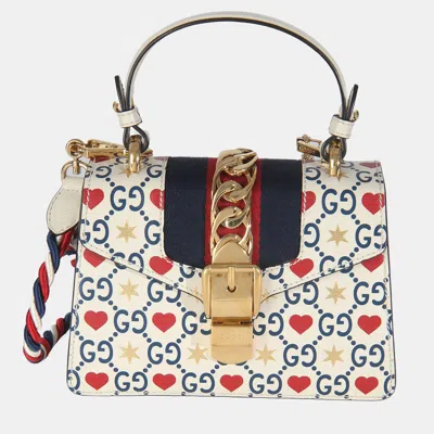 Pre-owned Gucci Ivory Calfskin Valentine's Day Mini Sylvie Top Handle In White
