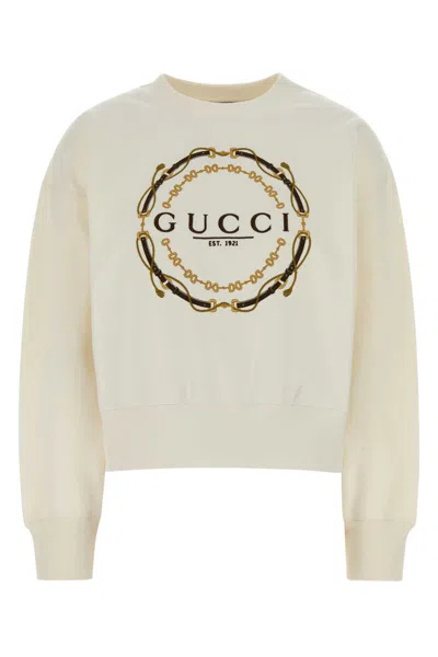 Gucci Cotton Crew Neck Sweatshirt Ribbed Trims In Neutral