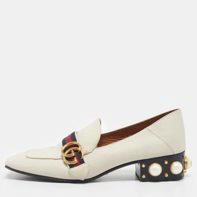 Pre-owned Gucci Ivory Leather Peyton Pearl Embellished Loafers Size 40 In White