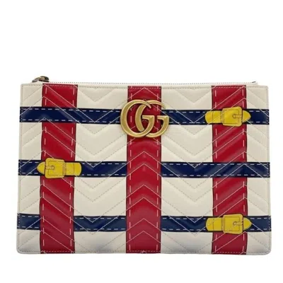 Pre-owned Gucci Ivory Navy Red Color Leather Clutch Bag ()