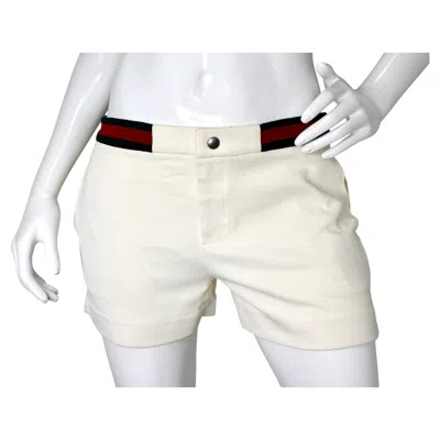 Pre-owned Gucci Ivory Nylon Ribbed Knit Shorts With Striped Waistband In White