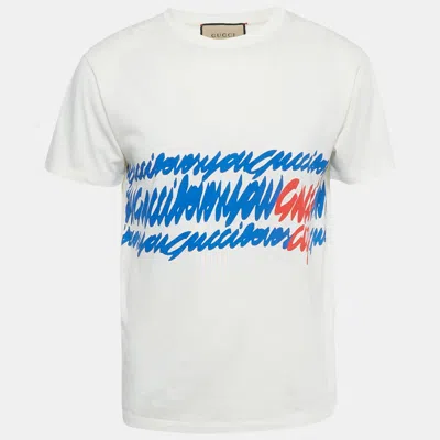 Pre-owned Gucci Ivory Printed Jersey Crewneck T-shirt Xs In White
