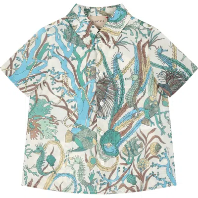 Gucci Kids' Ivory Shirt For Baby Boy With Marine Print In Multicolor