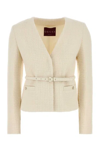 GUCCI IVORY V-NECK DAMIER BOUCL BLAZER