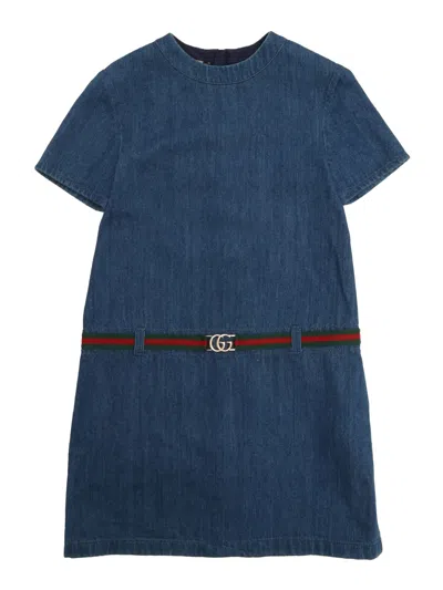 Gucci Kids' Crewneck Short-sleeved Denim Dress In Blue