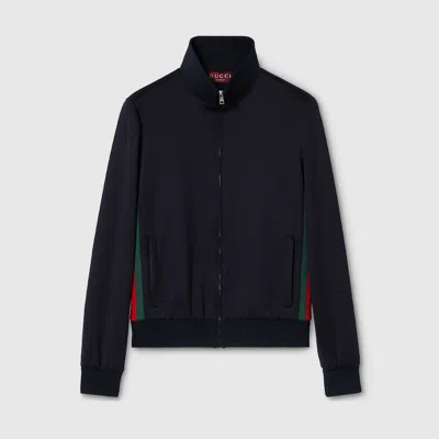 Gucci Technical Jersey Jacket With Zip And Web Tape In Blue
