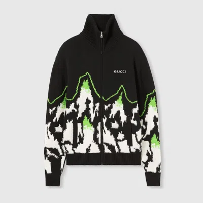 Gucci Wool Jacquard Zip Jacket With Intarsia In Black
