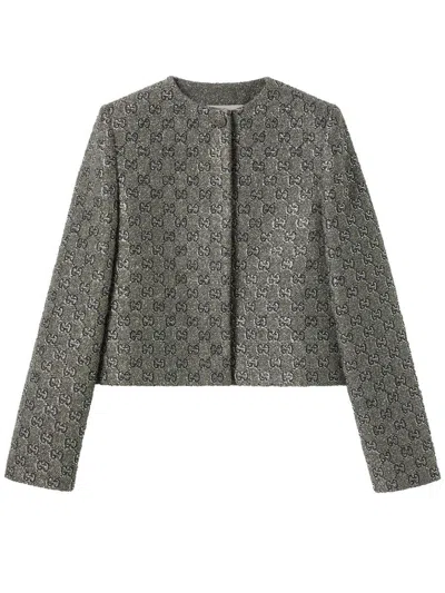 Gucci Embroidered Gg Wool Tweed Jacket In Grey