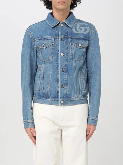 Gucci Light Blue Jacket With Gg Logo Print On The Front In Denim Man In Black
