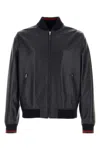 Gucci Signature Web Leather Bomber Jacket In Blue