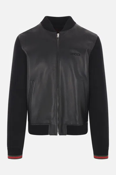 Gucci Black Bomber Jacket With Front Logo In Nappa Leather And Mesh Man In Animal Print