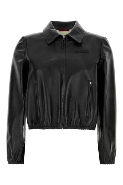 Gucci Leather Bomber Jacket In Black