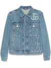 Gucci Light Blue Jacket With Gg Logo Print On The Front In Denim Man In Blue/ivory