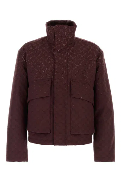 Gucci Gg Fabric Padded Jacket High Collar In Burgundy