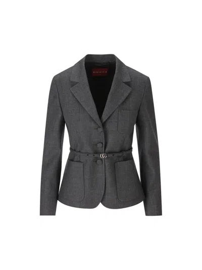 Gucci Double G Belted Wool Grisaille Blazer In Gray