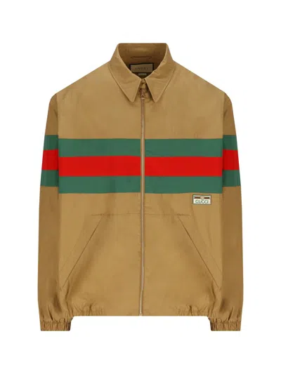 Gucci Web Detail Cotton Bomber Jacket In Brown