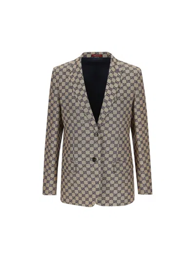 Gucci Gg Patterned Jacket In Oatsmilk/blue/mix