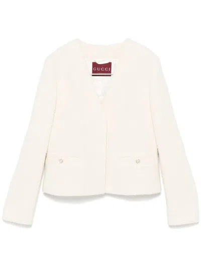 Gucci Women's Wool Blend Bouclã© Construction Concealed Jacket In White