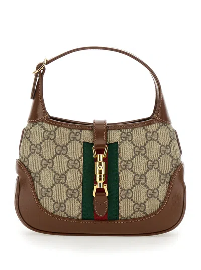 Gucci 'jackie 1961' Beige Handbag With Web Detail On The Front In Gg Canvas Woman In Multicolor