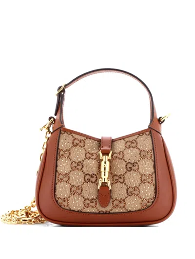 Pre-owned Gucci Jackie 1961 Chain Crystal Embellished Gg Canvas Mini Hobo Bag In Brown