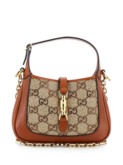 Pre-owned Gucci Jackie 1961 Chain Crystal Embellished Gg Canvas Mini Hobo Bag In Brown