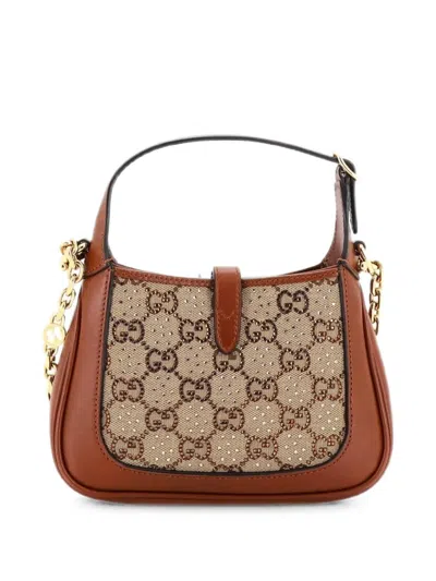 Pre-owned Gucci Jackie 1961 Chain Crystal Embellished Gg Canvas Mini Hobo Bag In Brown