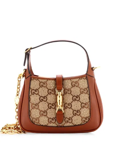 Pre-owned Gucci Jackie 1961 Chain Crystal Embellished Gg Canvas Mini Hobo Bag In Brown