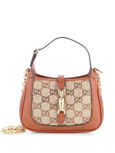 Pre-owned Gucci Jackie 1961 Chain Crystal Embellished Gg Canvas Mini Hobo Bag In Brown