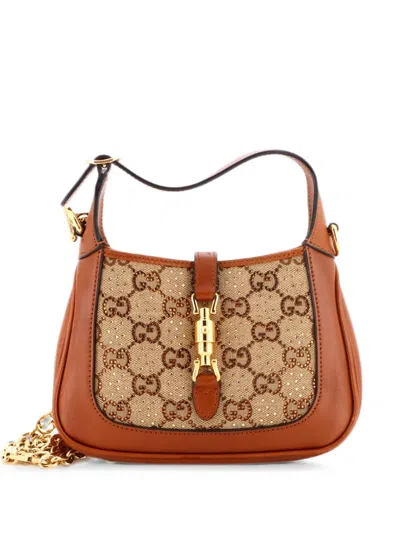 Pre-owned Gucci Jackie 1961 Chain Crystal Embellished Gg Canvas Mini Hobo Bag In Brown