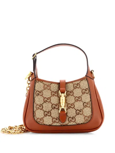 Pre-owned Gucci Jackie 1961 Chain Crystal Embellished Gg Canvas Mini Hobo Bag In Brown