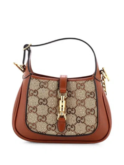 Pre-owned Gucci Jackie 1961 Chain Crystal Embellished Gg Canvas Mini Hobo Bag In Brown