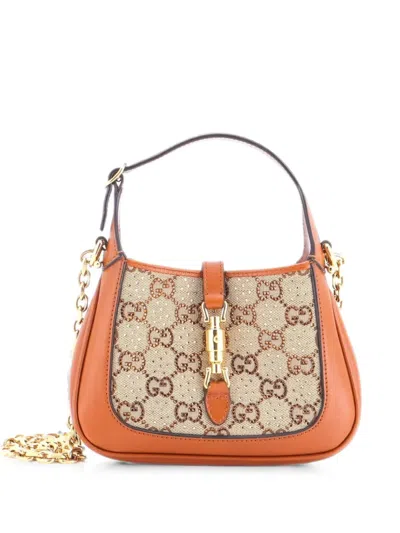 Pre-owned Gucci Jackie 1961 Chain Crystal Embellished Gg Canvas Mini Hobo Bag In Brown