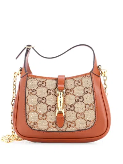 Pre-owned Gucci Jackie 1961 Chain Crystal Embellished Gg Canvas Mini Hobo Bag In Brown