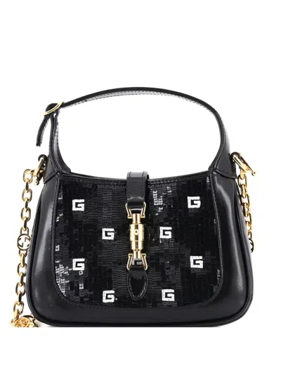 Pre-owned Gucci Jackie 1961 Chain Hobo Sequin Embellished Satin With Leather Mini Crossbody Bag In Black