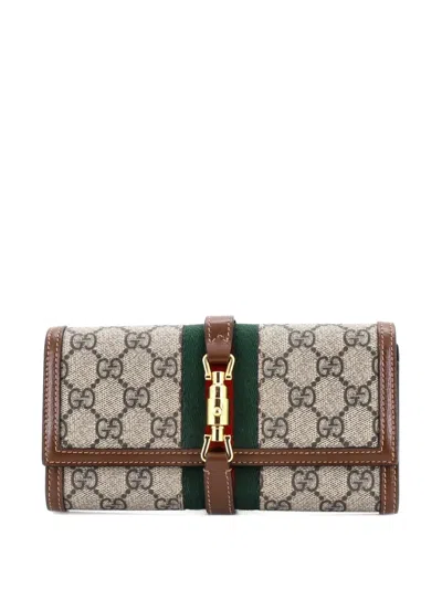 Pre-owned Gucci Jackie 1961 Continental Chain Wallet Gg Coated Canvas Shoulder Bag In Brown