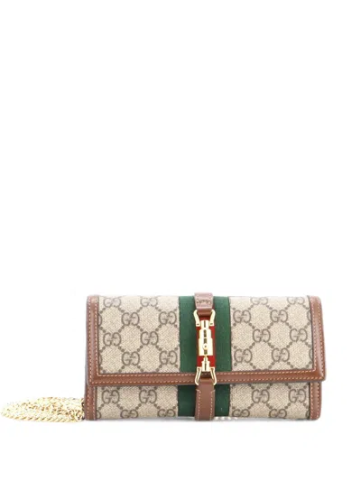 Pre-owned Gucci Jackie 1961 Continental Chain Wallet Gg Coated Canvas Shoulder Bag In Brown