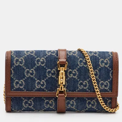 Pre-owned Gucci Jackie 1961 Navy Blue/brown Gg Denim And Leather Wallet On Chain