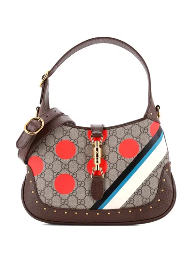 Pre-owned Gucci Jackie 1961 Studded Printed Gg Coated Canvas Small Hobo Bag In Brown