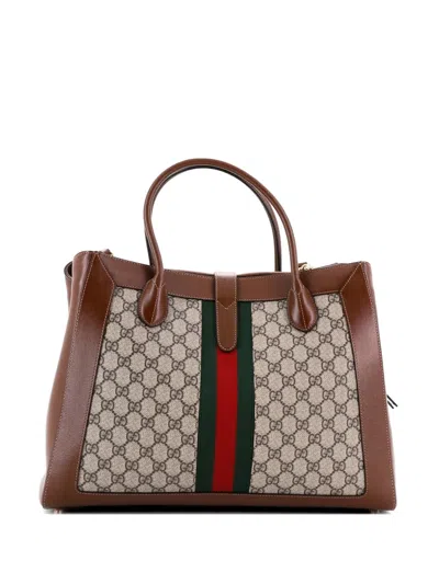 Pre-owned Gucci Jackie 1961 Web Gg Canvas And Leather Large Tote Bag In Brown