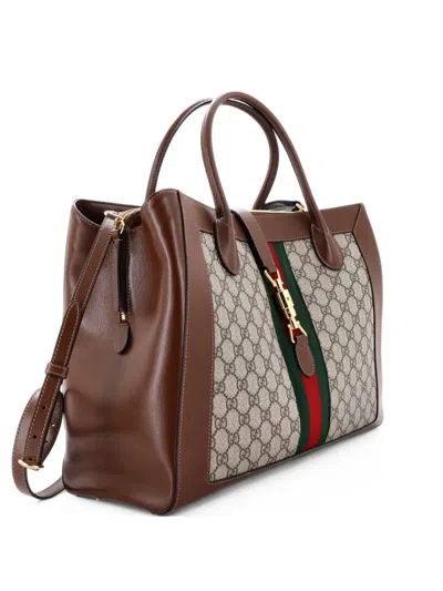 Pre-owned Gucci Jackie 1961 Web Gg Canvas And Leather Large Tote Bag In Brown
