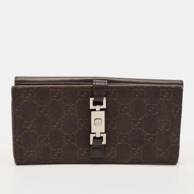 Pre-owned Gucci Jackie Dark Brown Gg Fabric And Leather Continental Wallet