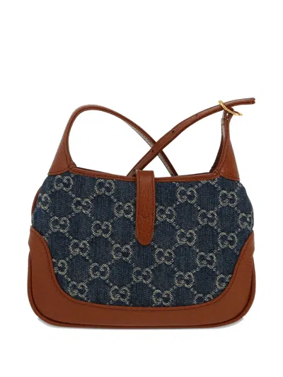 Pre-owned Gucci Jackie Denim-monogram Leather-trimmed Shoulder Bag In Blue